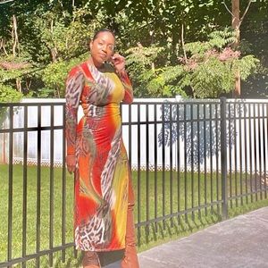 Snakeskin Print Long Dress w/ Open High Split